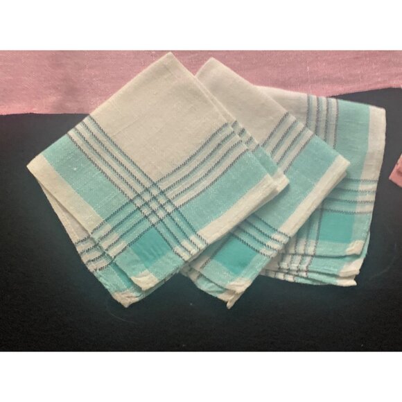 Vintage Plaid Cotton Tablecloth & Napkin Set in Pink & Aqua 48 inch - Picture 2 of 16